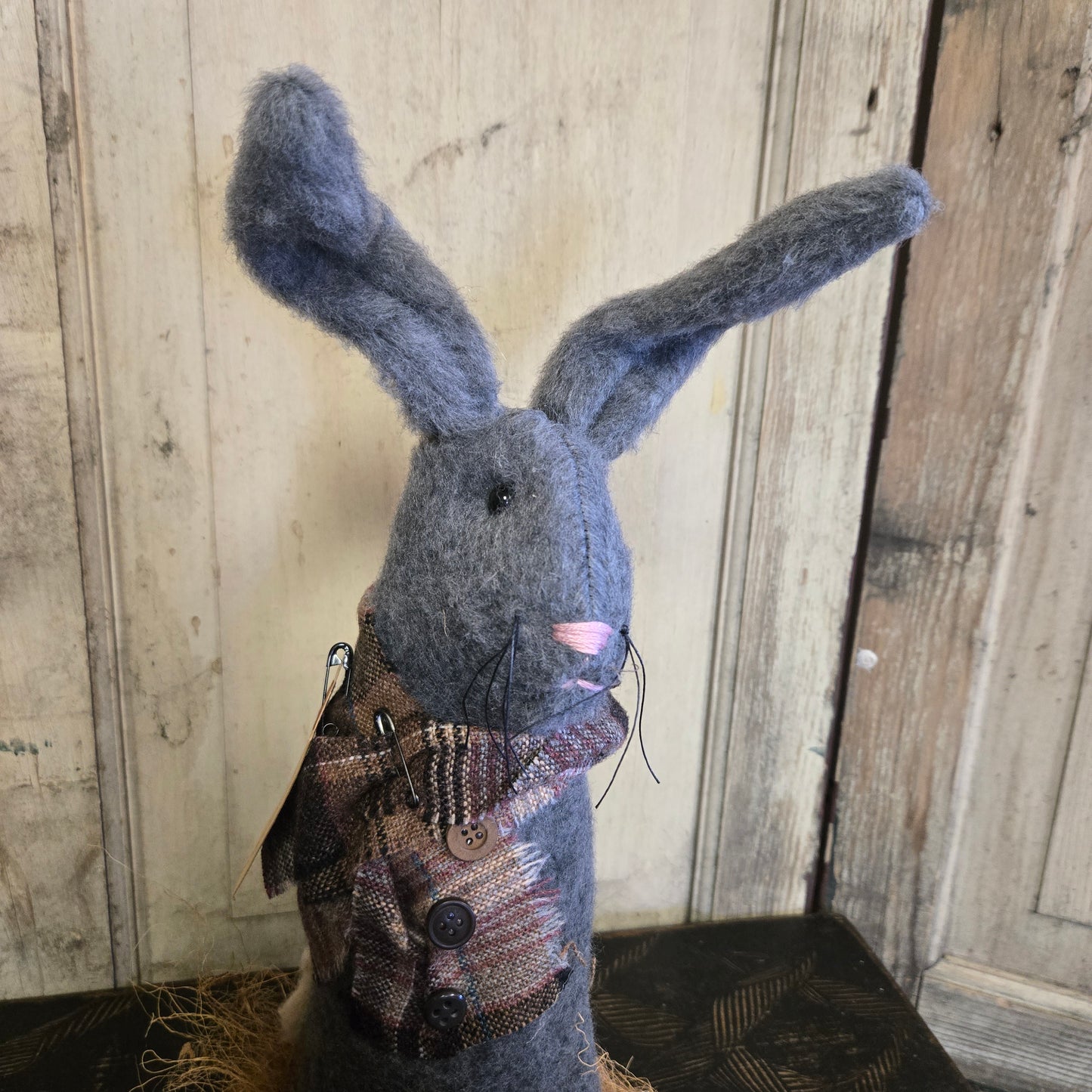 Primitive Gray Bunny on Wooden Base