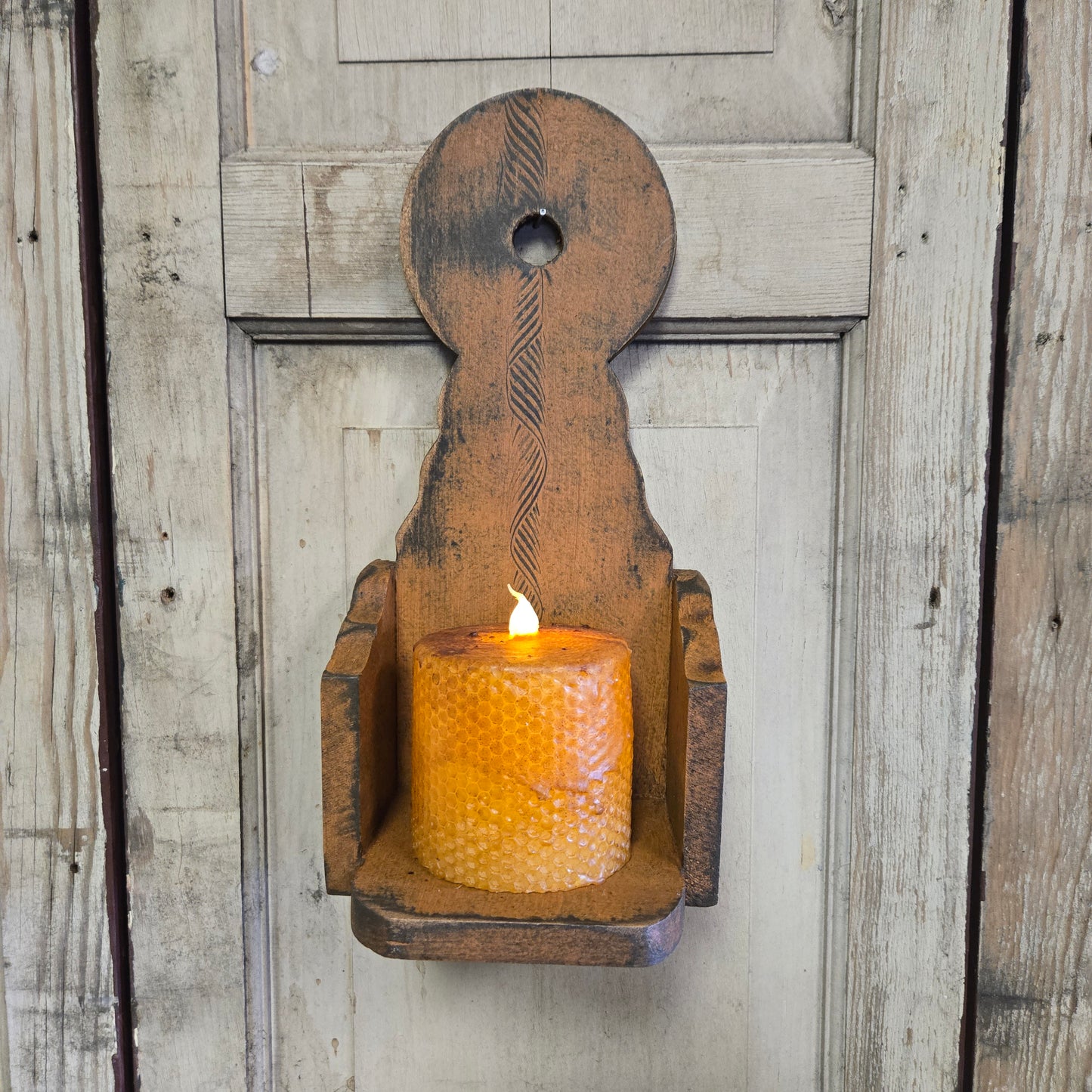 Pumpkin Comb Painted Wood Candle Sconce