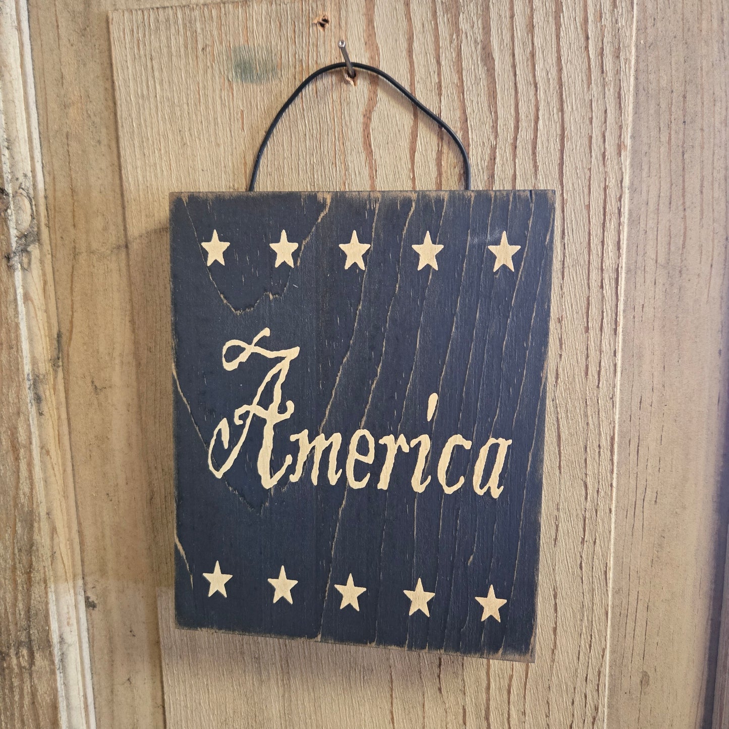America with Stars Wood Sign Blue