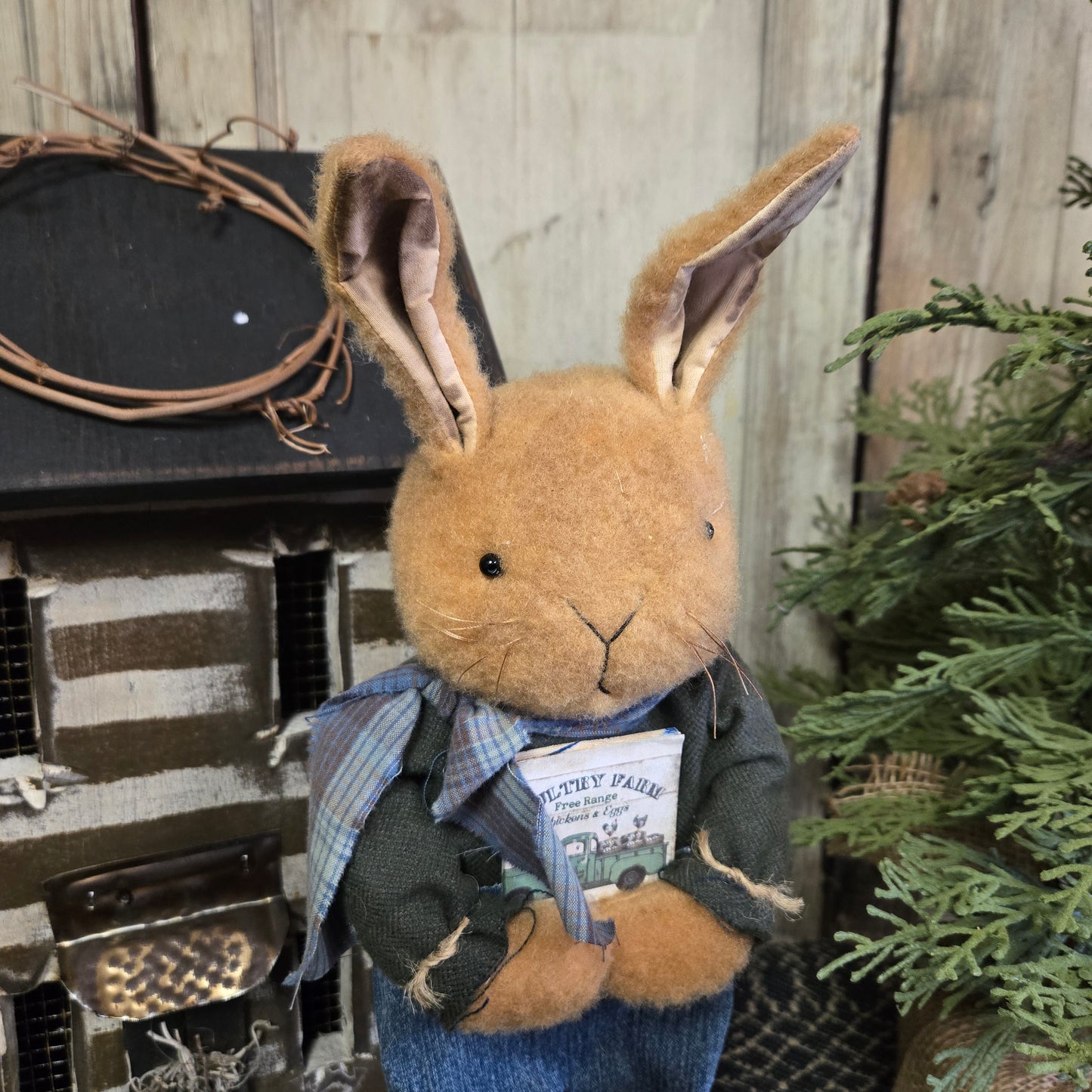 Primitive Tan Bunny Holding Book
