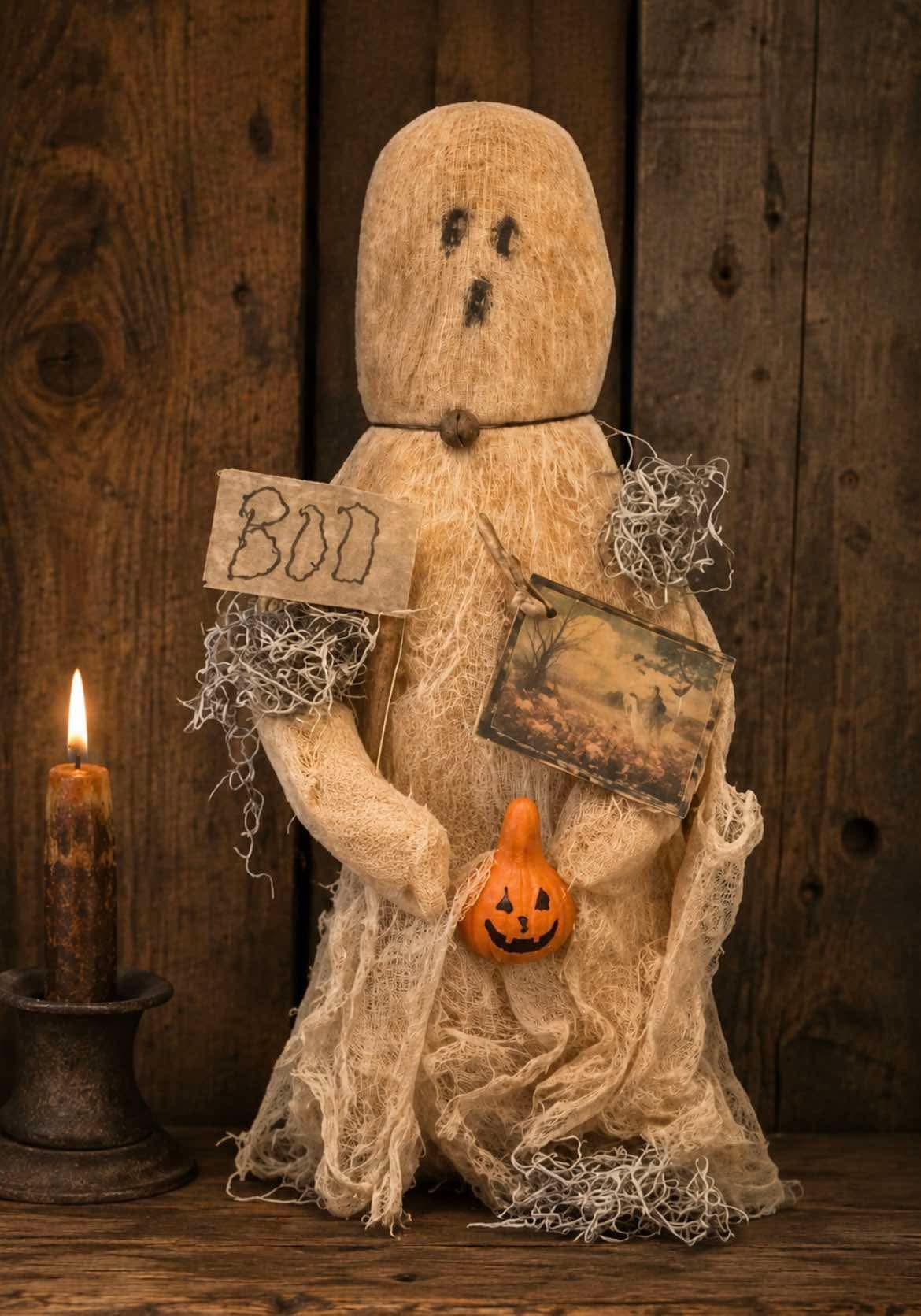 Ghost with Boo Flag and Pumpkin Gourd