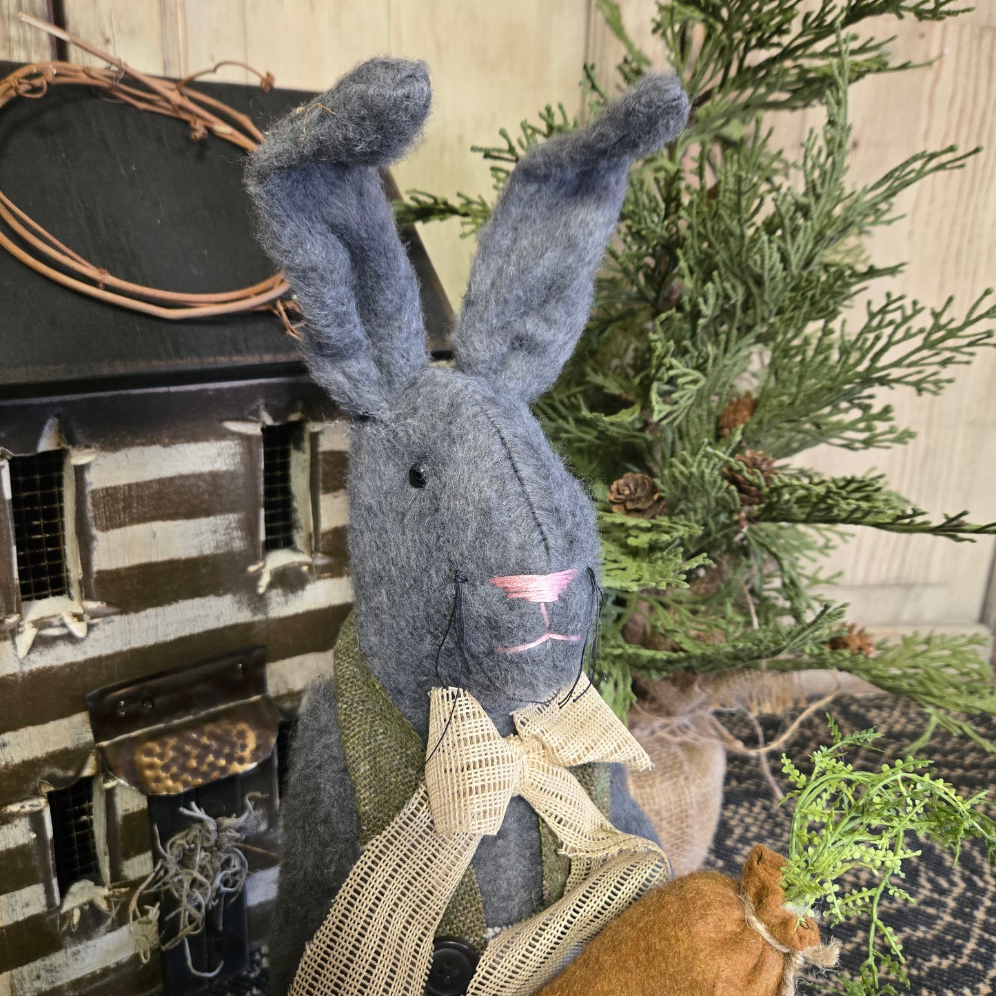 Primitive Gray Bunny Holding Carrot