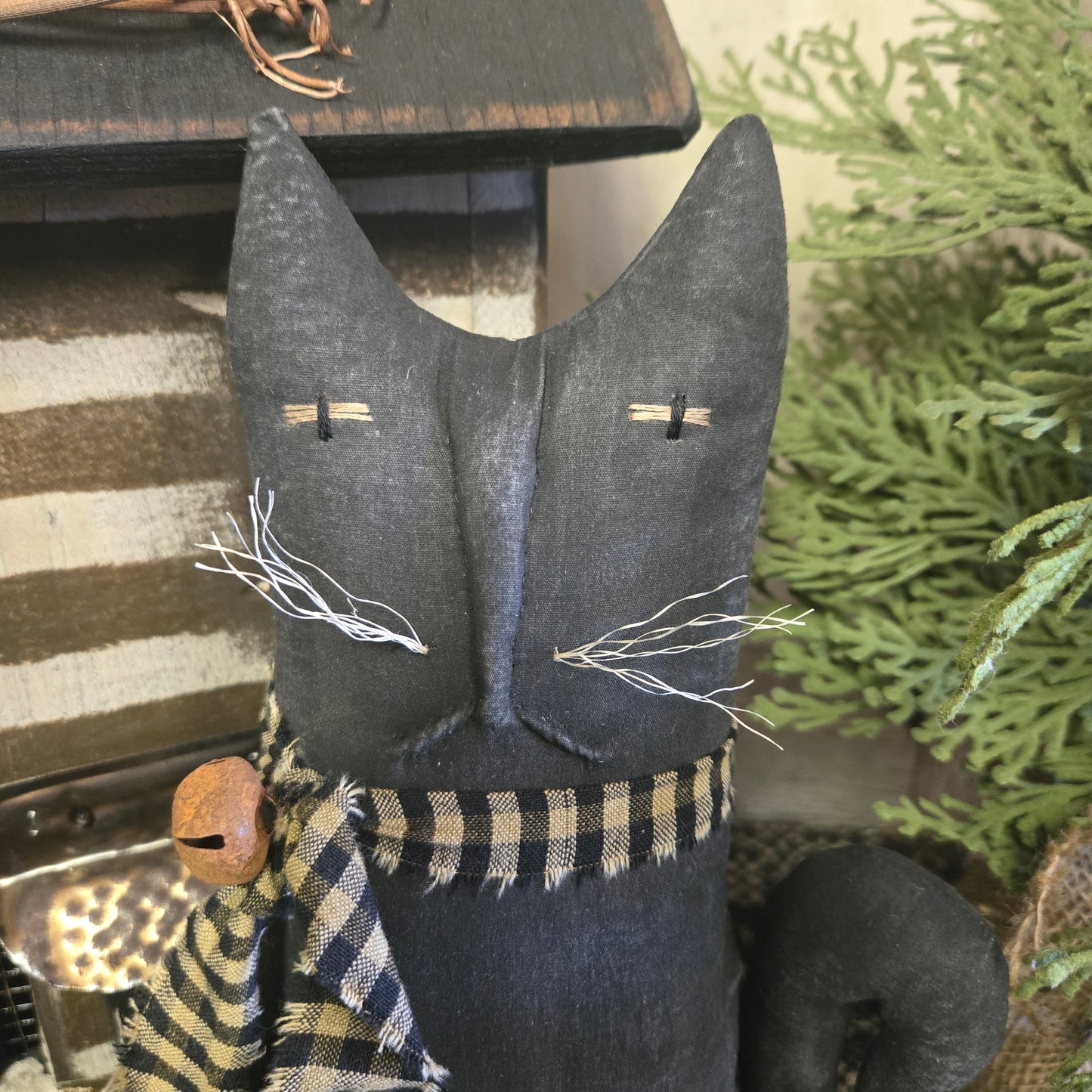 Primitive Black Cat with Rusty Bell