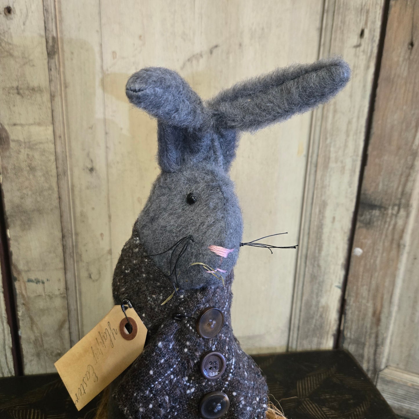 Primitive Gray Bunny on Wooden Base