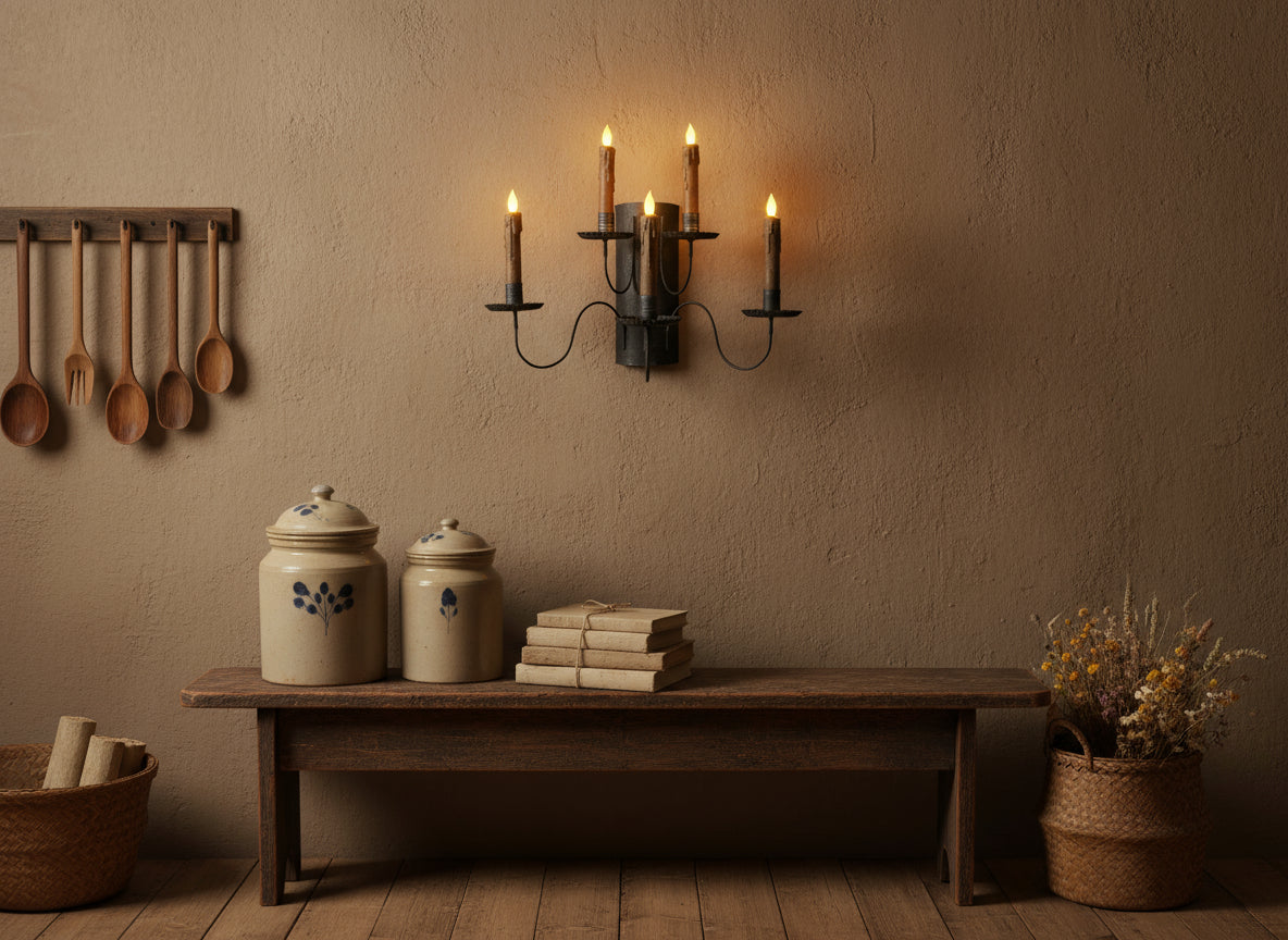 A wall-mounted candle sconce with a rustic finish, featuring a series of glowing candles placed in holders.