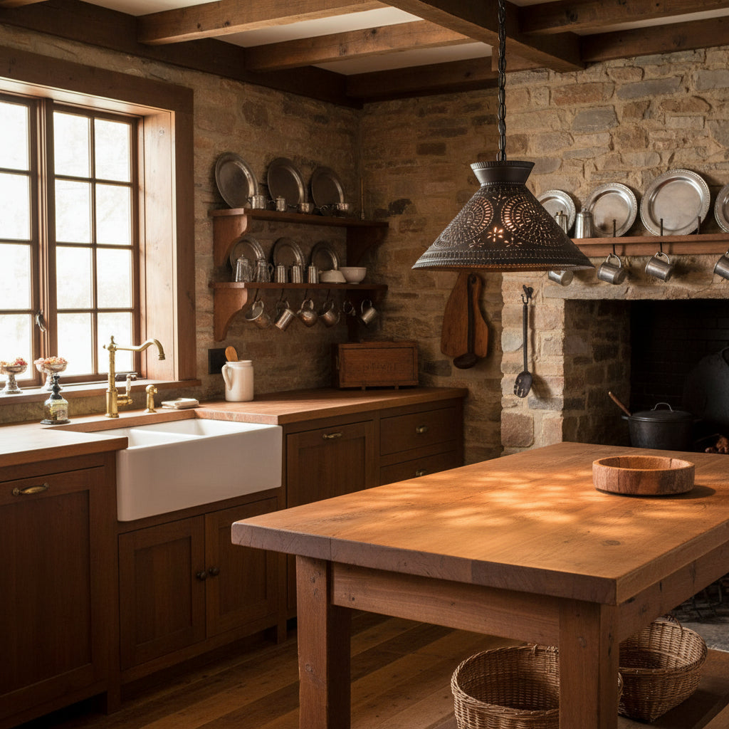 Decorative pendant light with intricate chisel design hanging over a table in colonial kitchen.