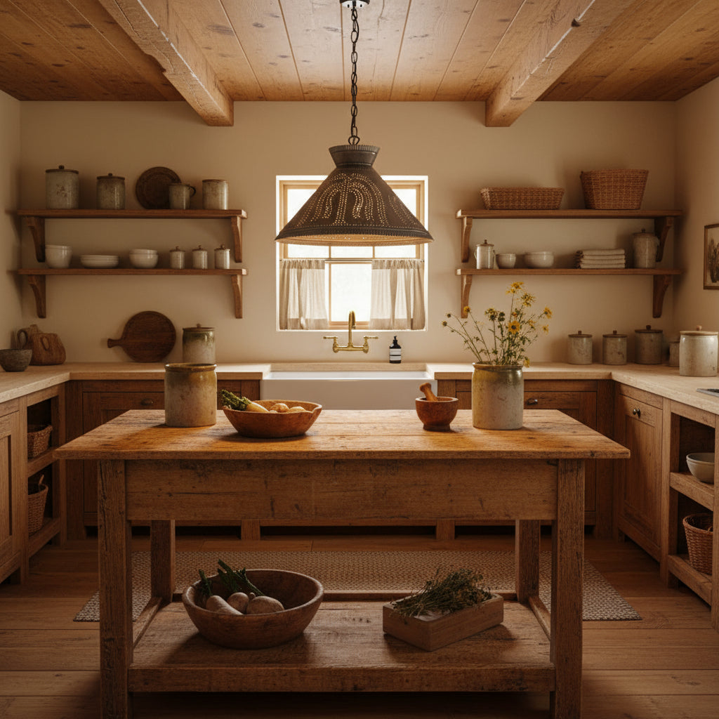 Decorative pendant light with willow tree design hanging over a primitive island in kitchen.