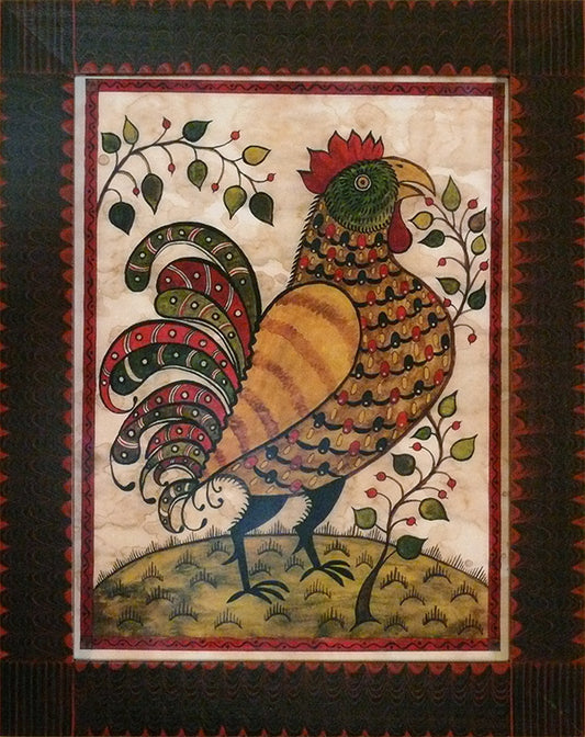 A colorful illustration of a rooster with red and yellow details on a fraktur paper with a red border.