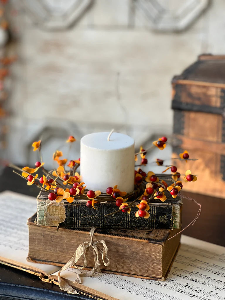 Bittersweet candle ring on old book