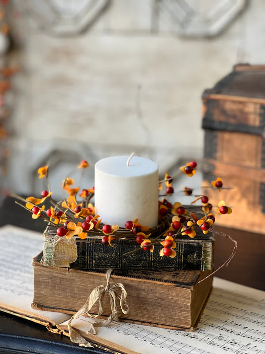 Bittersweet candle ring on old book
