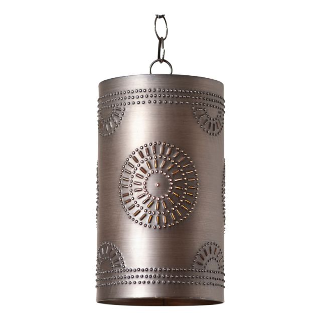 A rustic cylindrical black pendant light with a geometric pattern and a chain for hanging.