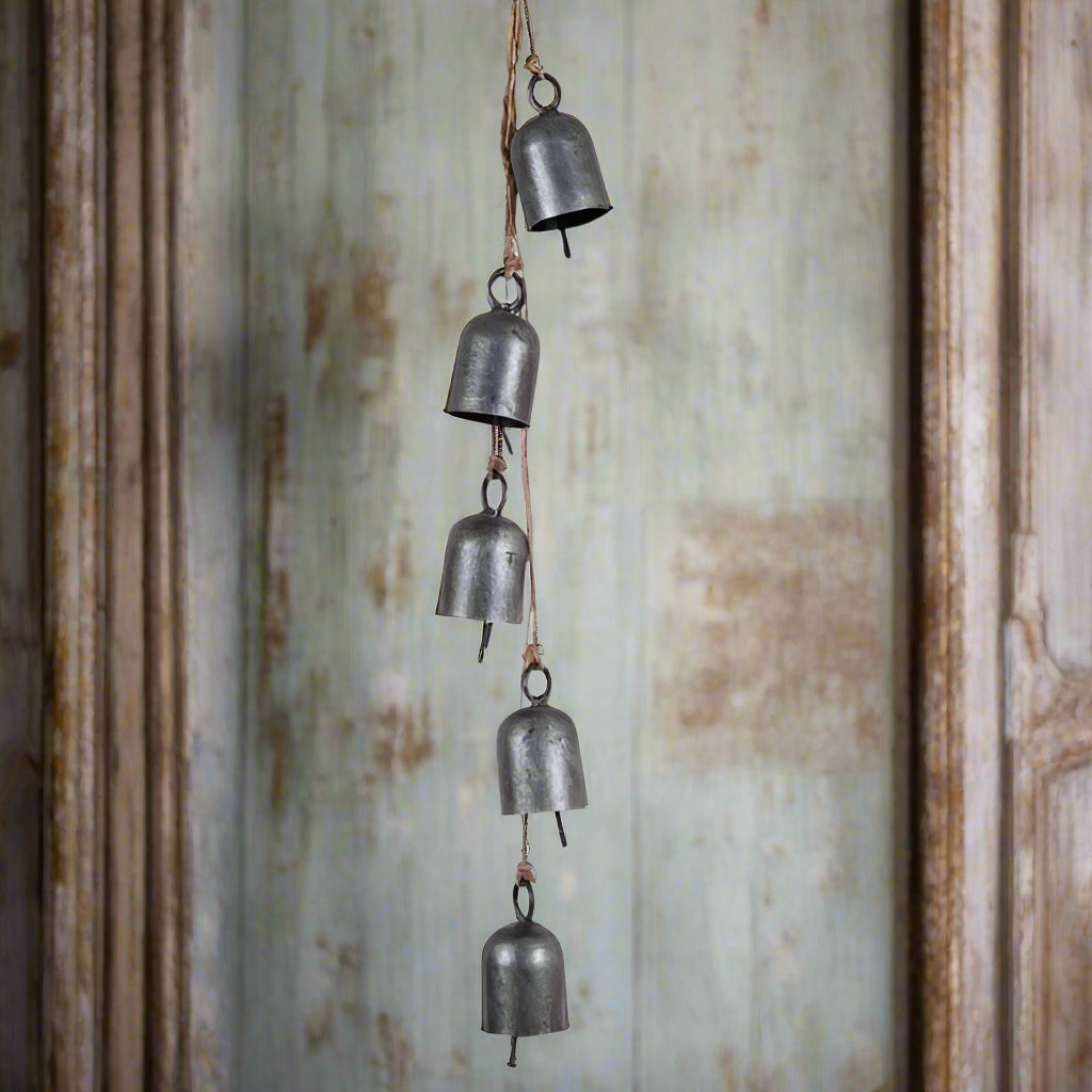 Rustic hanging five bell set in antique silver