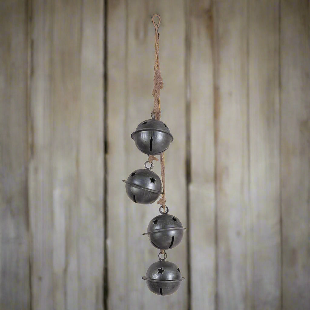 Rustic hanging jingle bells on jute in antique silver