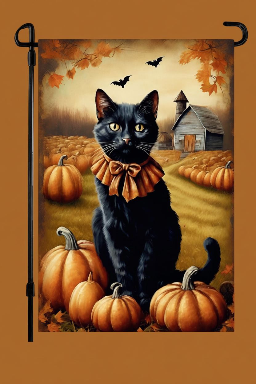 A decorative garden flag on a black metal stand, featuring a black cat with a brown bow tie in a pumpkin field with a small barn and bats. The flag is displayed against a solid brown background.