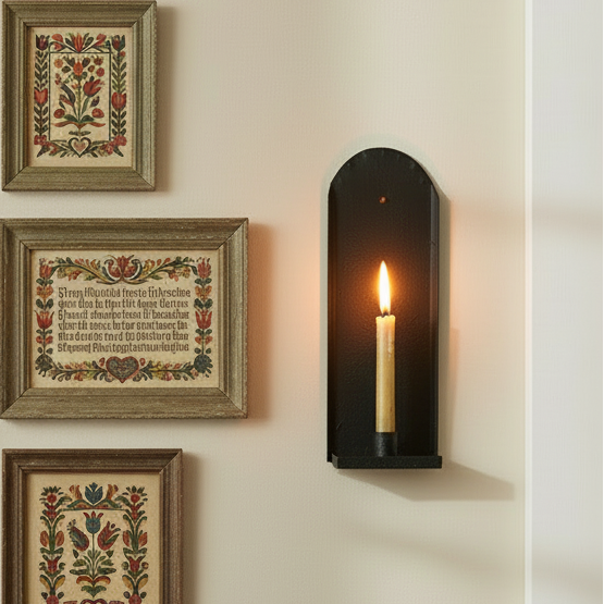 Decorative wall with framed text art and a candle holder, featuring a wooden table with books and a plant.