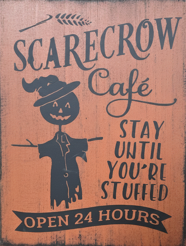 Wooden sign with scarecrow design and text on an orange background