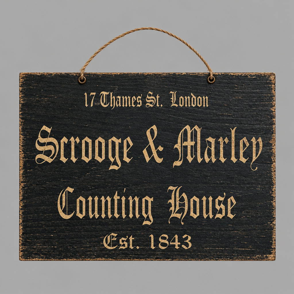 Black sign with wire hanger with lettering that says 'Scooge & Marley Counting House'.