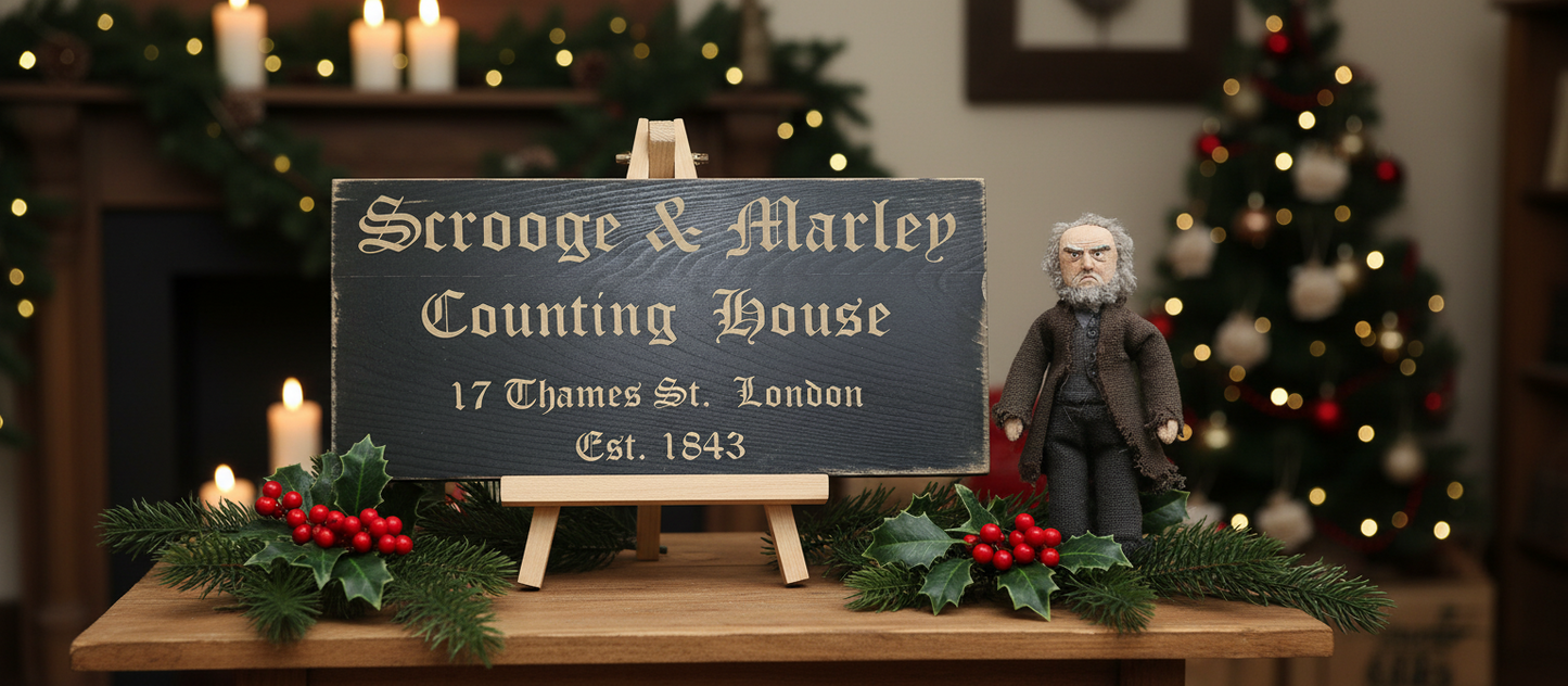 Decorative setup with a signboard labeled 'Scrooge & Marley Counting House' and a figurine in a festive setting.