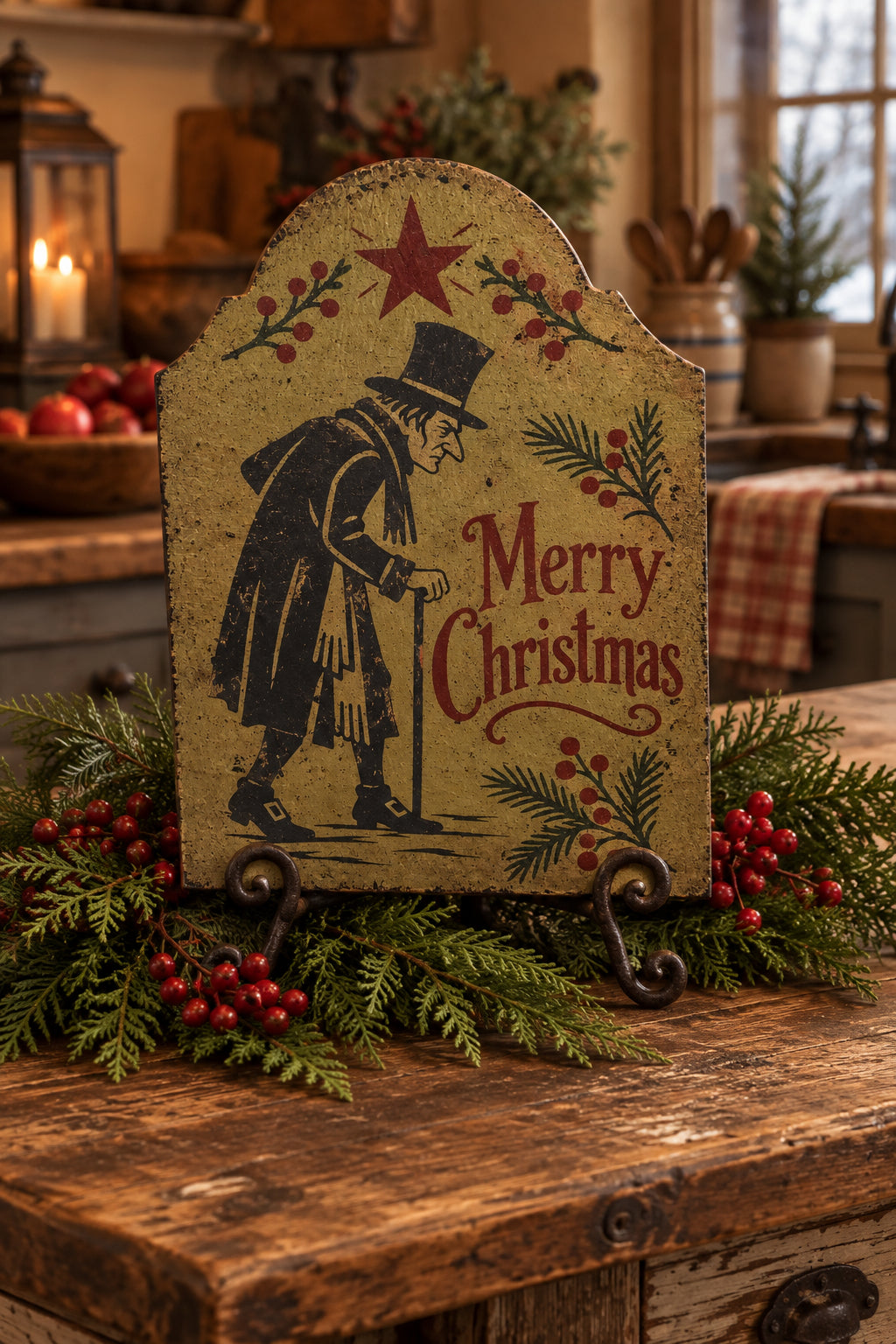 A vintage-style Christmas sign with a distressed beige background, featuring a dark blue figure in a top hat and coat using a cane, red berries, pine branches, a red star, and the words 'Merry Christmas' in red script, set against a wood-paneled background.