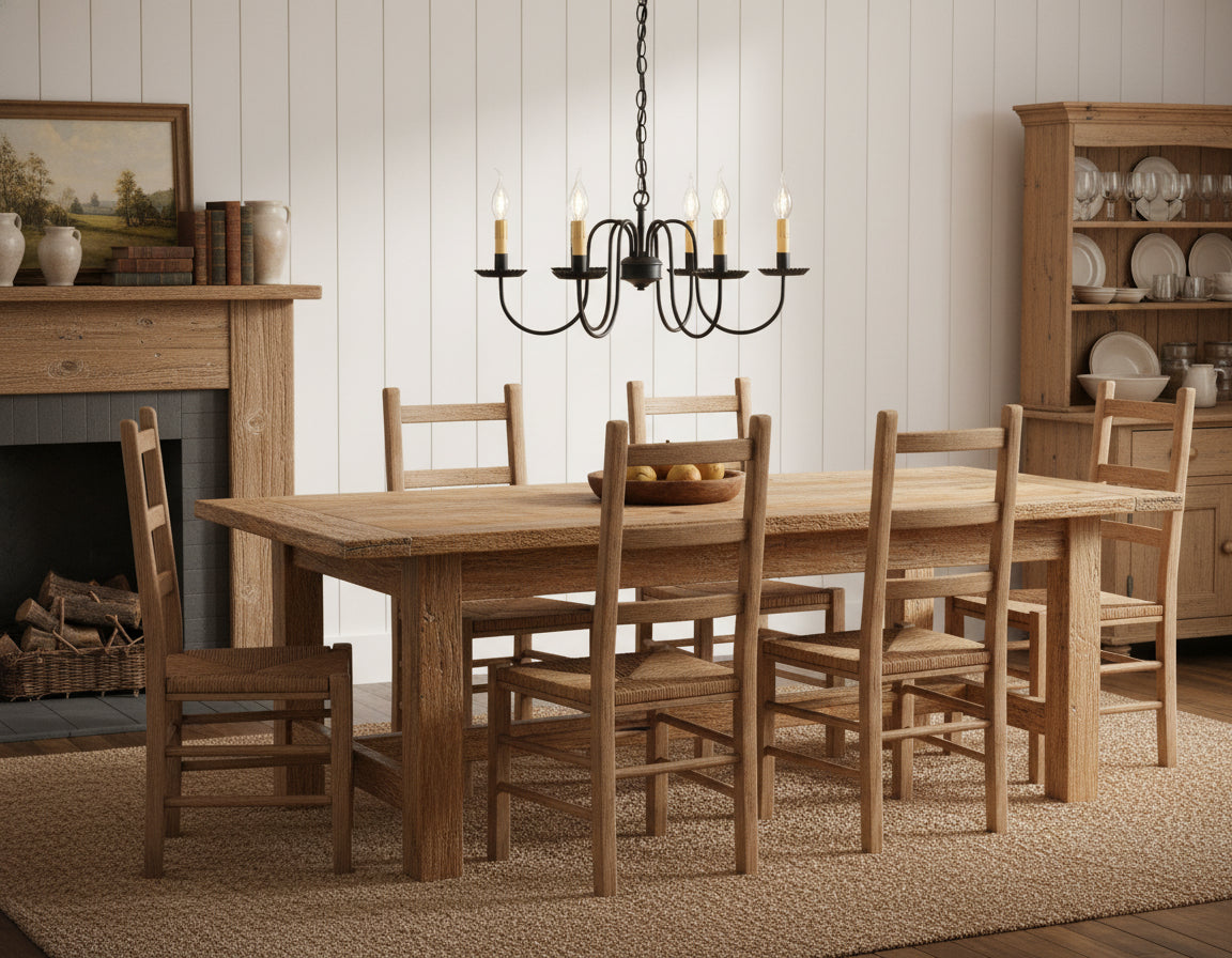 A traditional black Sheraton chandelier with six arms, turned on to display the warm glow of the bulbs hanging over a primitive dining room table.