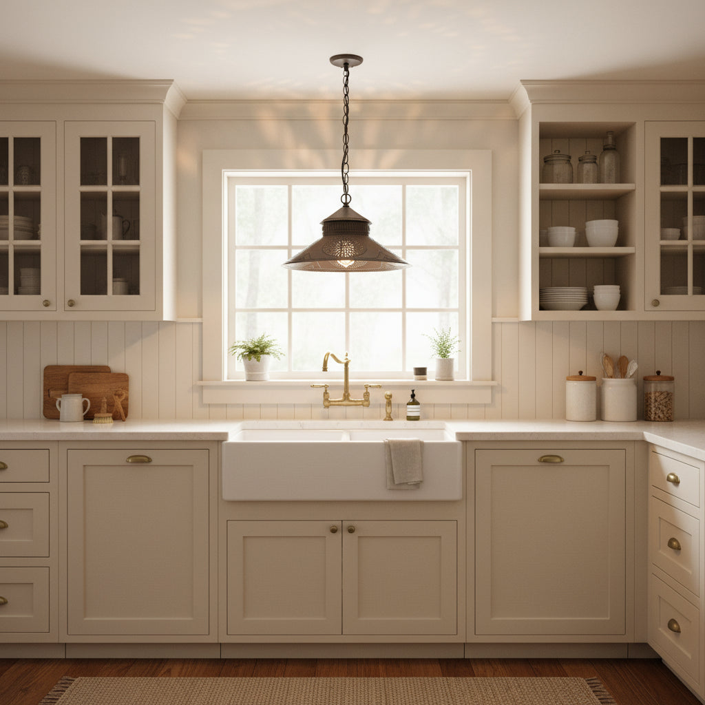 Decorative pendant light hanging over a kitchen in a farmhouse setting.