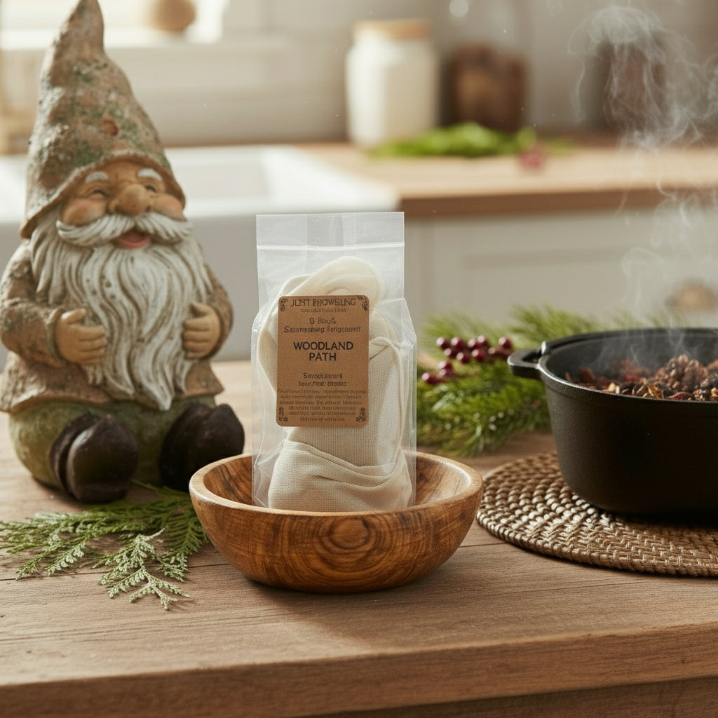 Woodland-themed product display with a gnome, wooden bowl, and pot on a table.