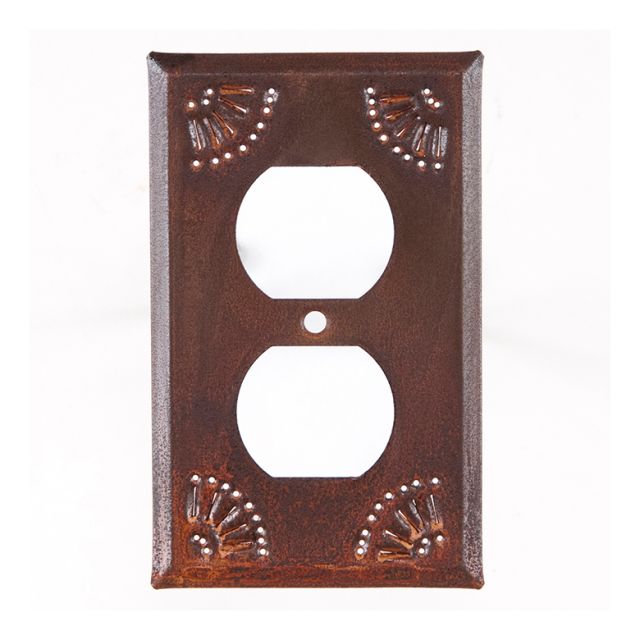 Outlet cover with chisel in rusty tin finish.