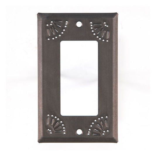 A rectangular black tin wall plate with a floral pattern around the border and a central square cutout for a rocker switch.