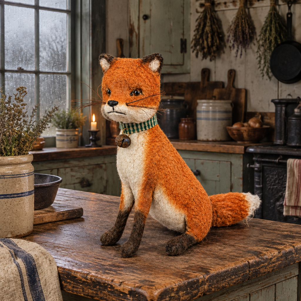 Sitting fox figurine in a primitive kitchen on a rainy day.