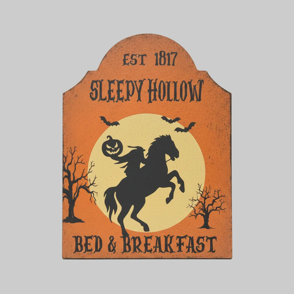 Halloween-themed sign with a horse, pumpkin, and text 'Sleepy Hollow Bed & Breakfast' on an orange background.