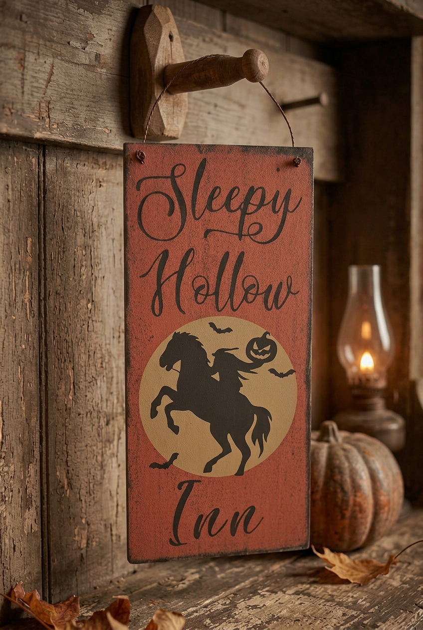 Decorative sign with 'Sleepy Hollow Inn' text and horse silhouette on a red background.