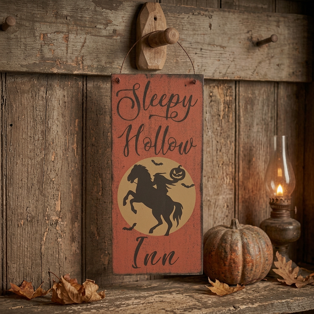 Decorative sign with 'Sleepy Hollow Inn' text and horse silhouette on a red background.