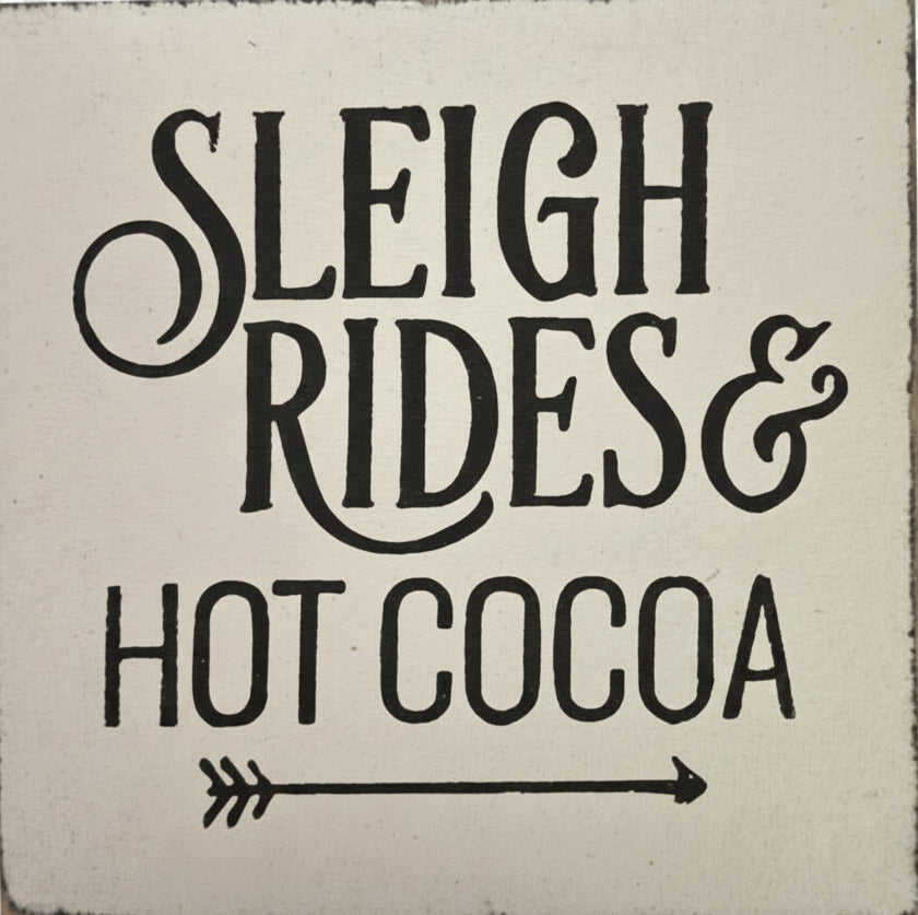 Decorative sign with 'Sleigh Rides & Hot Cocoa' text on a white background