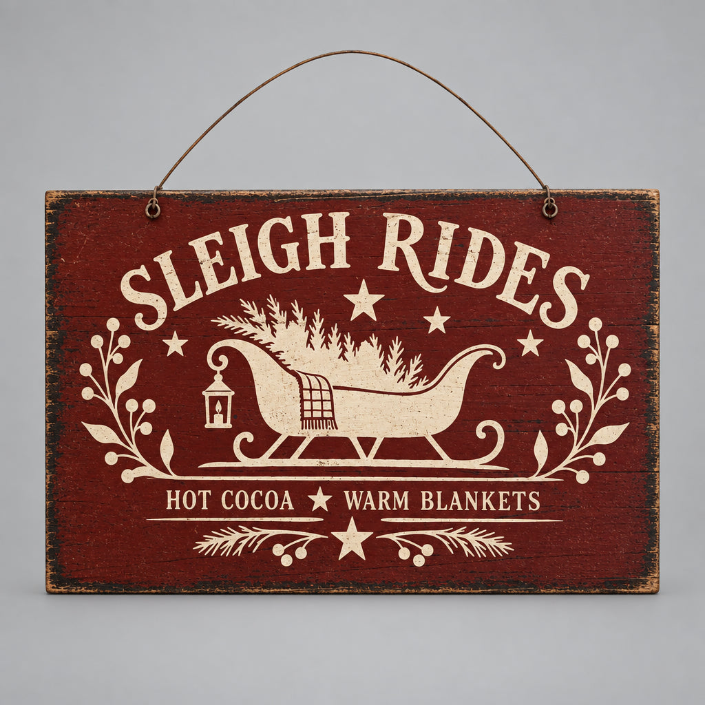 A rustic rectangular wooden hanging sign with a dark reddish-brown background and cream lettering that reads “SLEIGH RIDES,” plus decorative sleigh, stars, and the phrase “HOT COCOA * WARM BLANKETS.” The sign is shown hanging on a grey background.