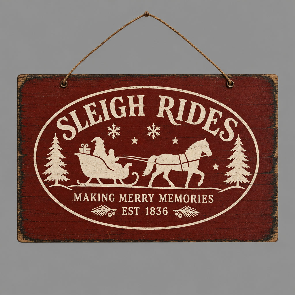 A rustic rectangular wooden hanging sign with a dark reddish-brown distressed finish and cream-colored printed holiday text and sleigh illustration, hanging against a grey background. The sign reads “SLEIGH RIDES,” “MAKING MERRY MEMORIES,” and “EST 1836.