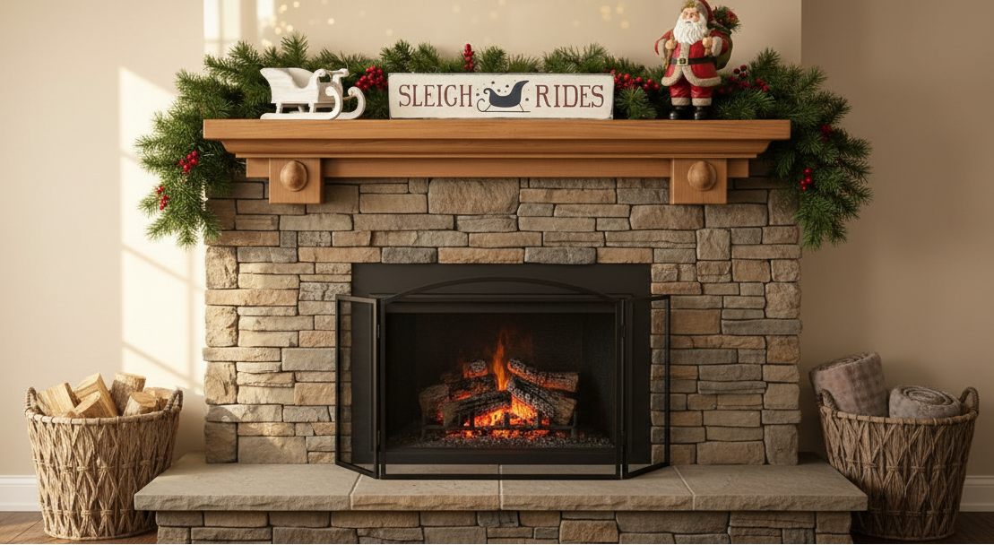 Decorative setup with a sign reading 'Sleigh Rides', a Santa figure, and a sleigh on a mantel.