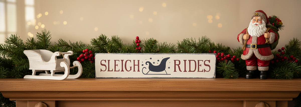 Decorative setup with a sign reading 'Sleigh Rides', a Santa figure, and a sleigh on a mantel.