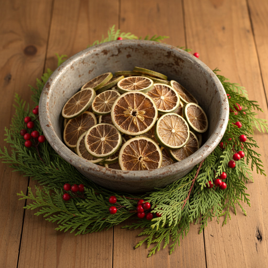 Dried, sliced limes sitting on a wood surface
