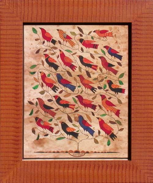 Framed fraktur print featuring many birds in a tree