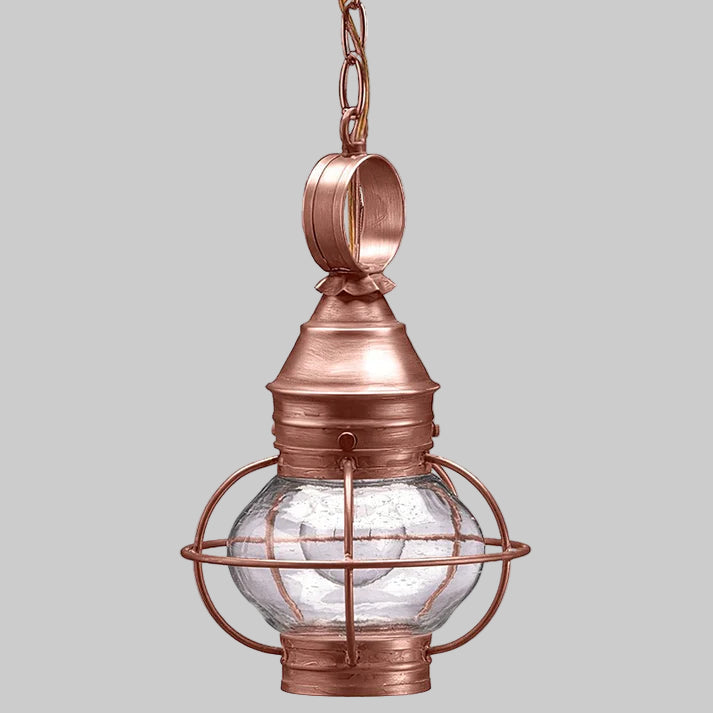 Copper pendant light with glass shade on a white background