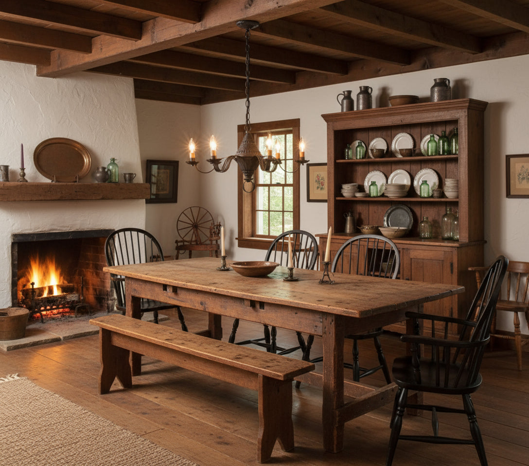 Primitive tin chandelier with six candles hanging over table in colonial home setting.