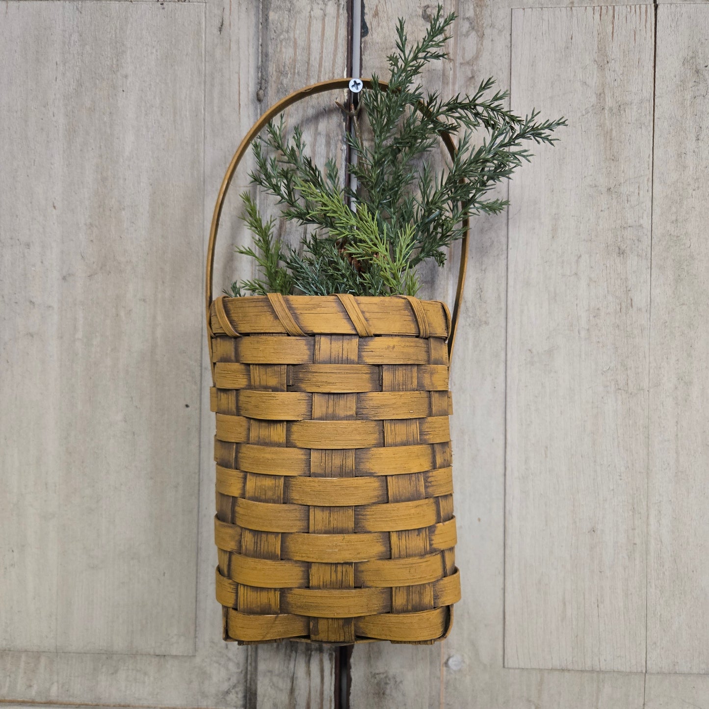 Woven basket with a plant on a wooden surface