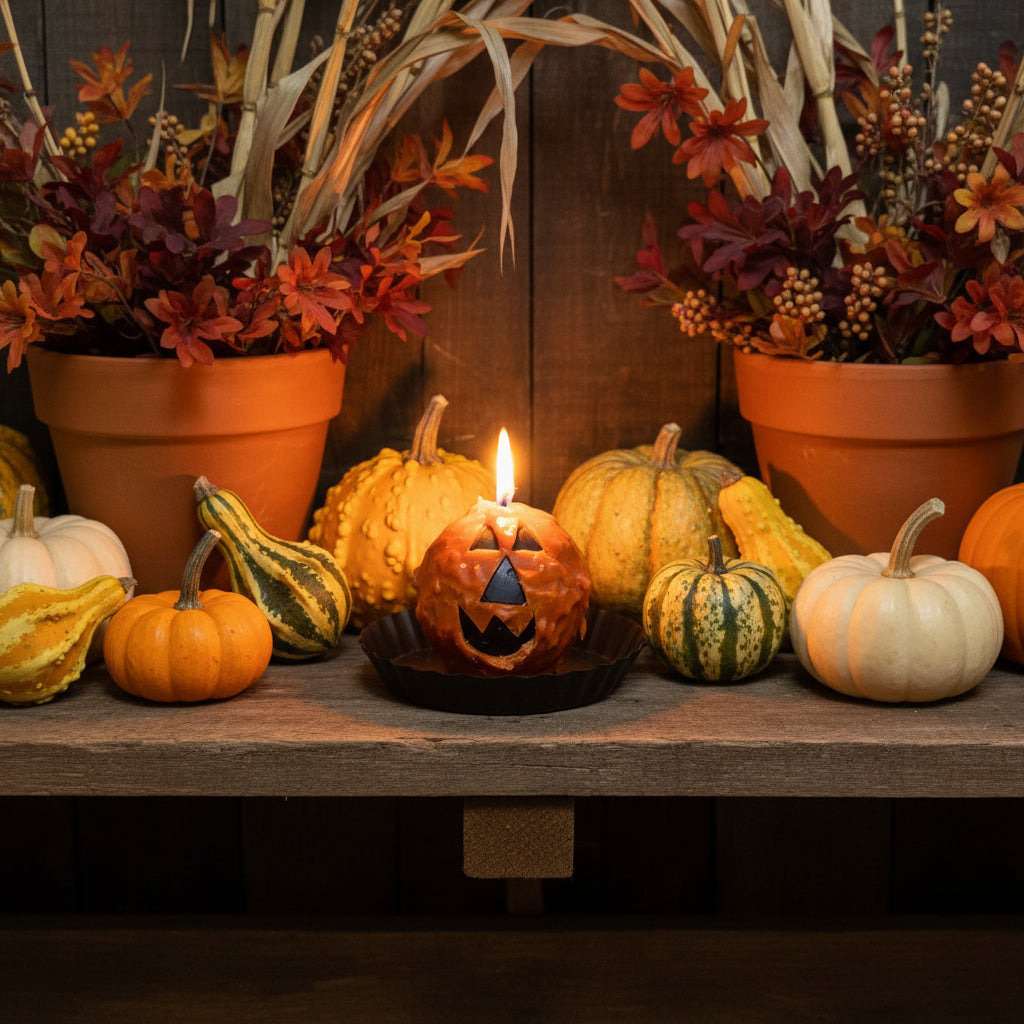 Halloween-themed cupcake with jack-o'-lantern face on a textured surface