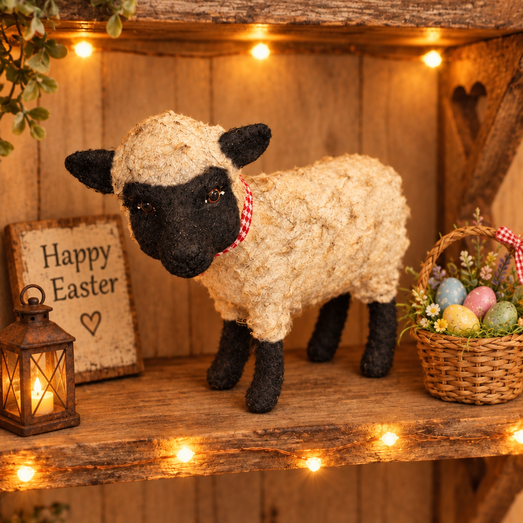 Plush sheep toy with black face and white wool, on from a shelf with miniatures.