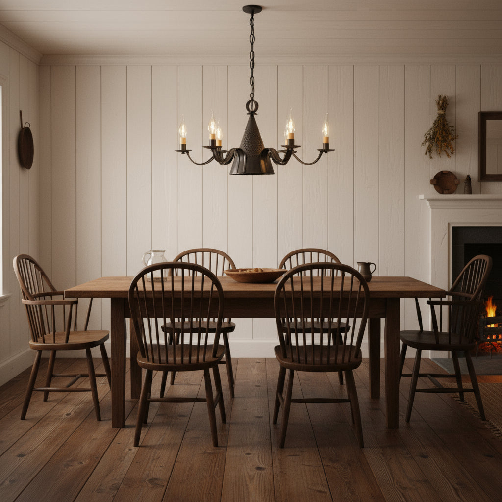 Black chandelier with five candle-style lights hanging over a wooden dining room table.