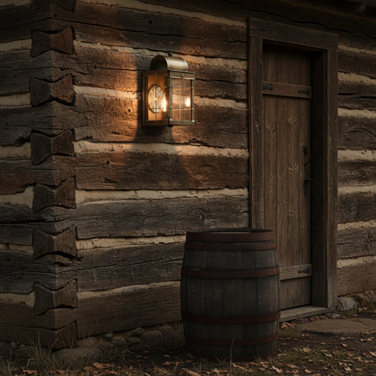 Wooden log cabin with a lantern on the wall and a barrel in front
