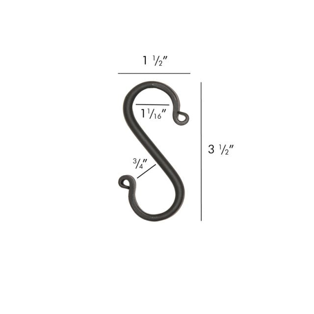 Wrought iron hook in the shape of an S with its' measurements.