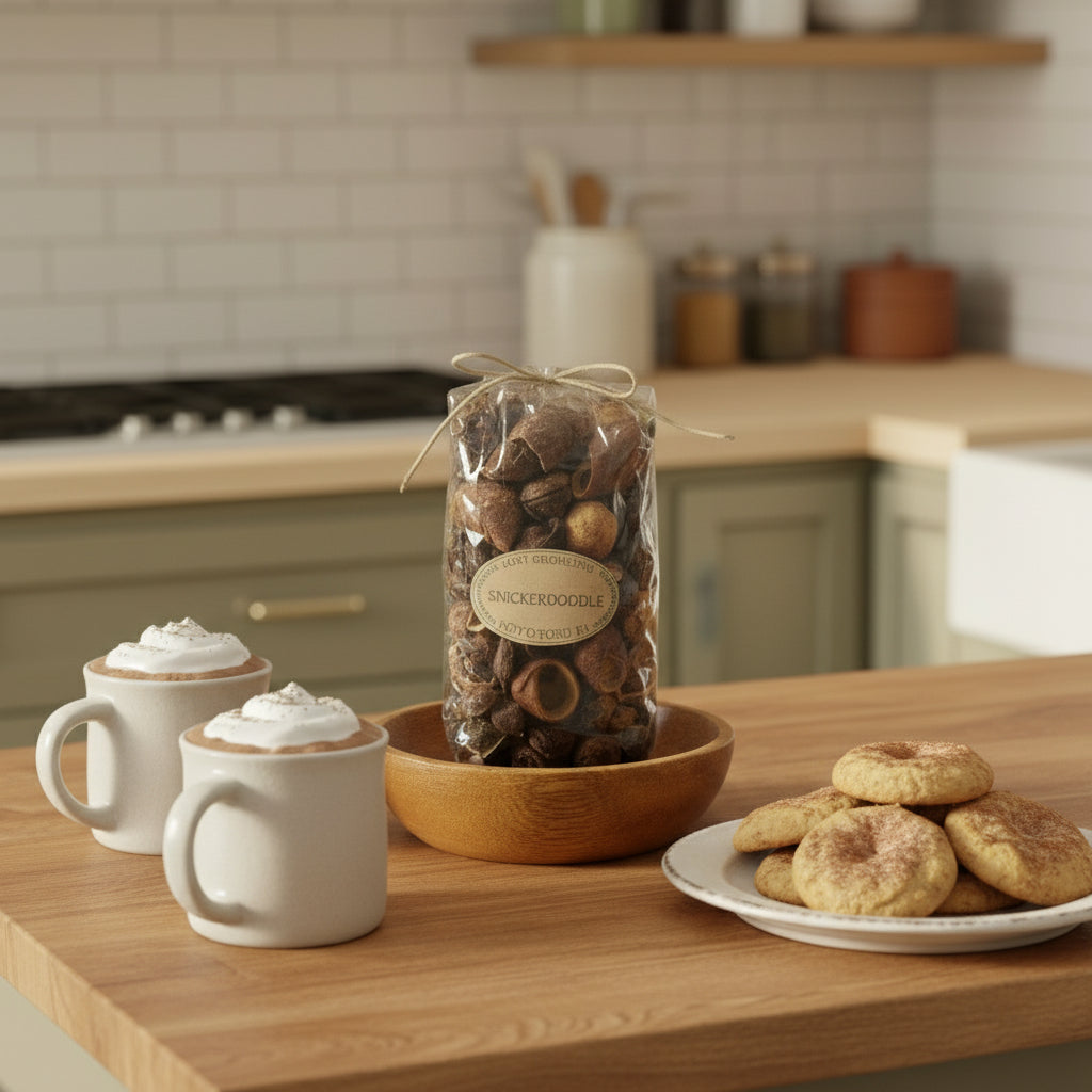 Bowl of cookies, mugs with whipped cream, and a plate of cookies on a kitchen counter.