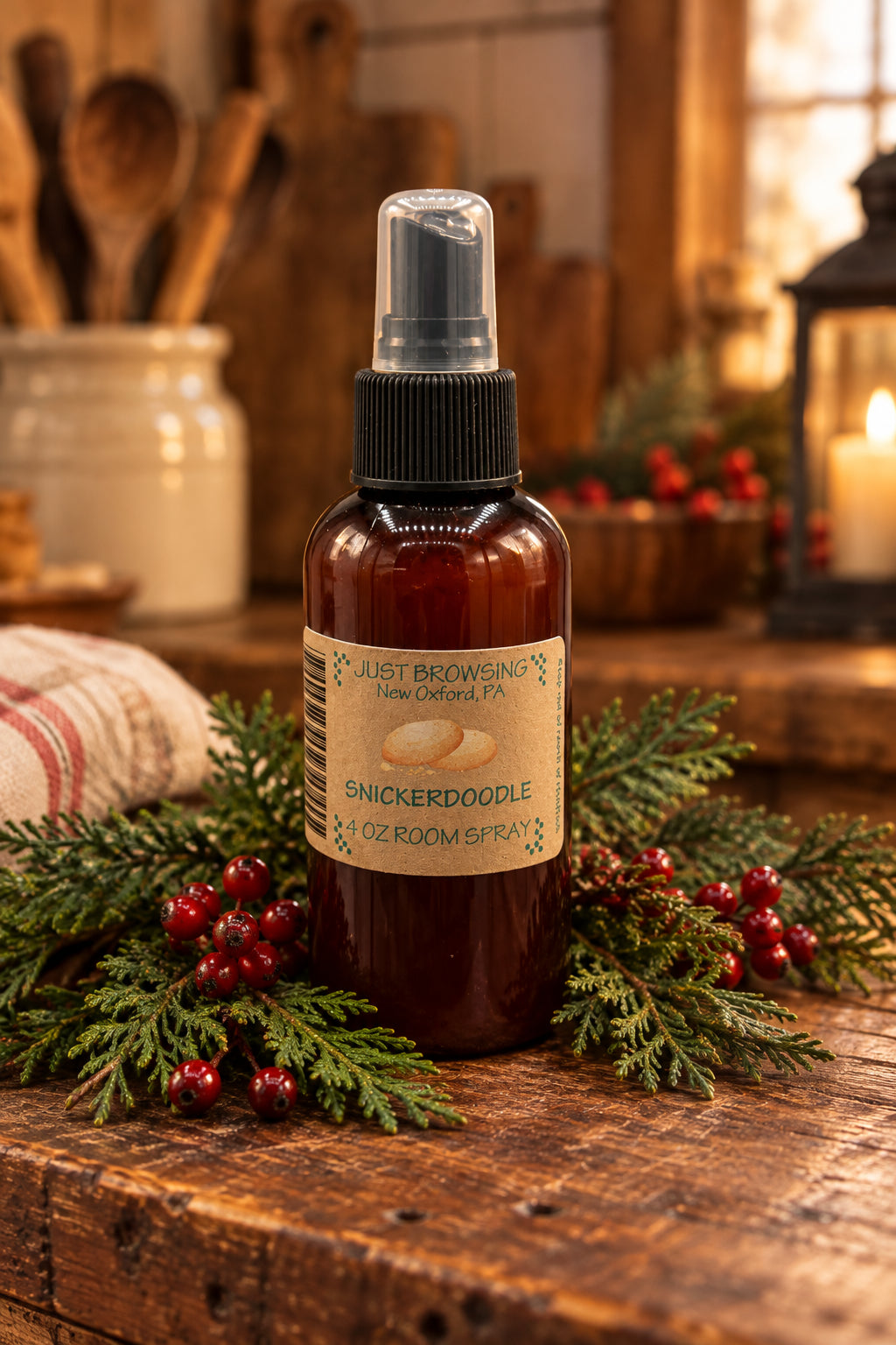 Brown spray bottle with a label on a gray background with cookies around it