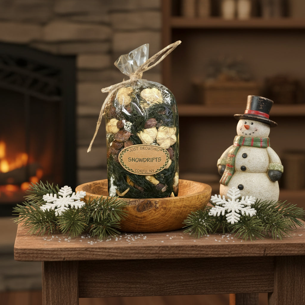 Decorative items including a bag labeled 'Snowdrifts', a wooden bowl, and a snowman figurine on a table with a fireplace in the background.